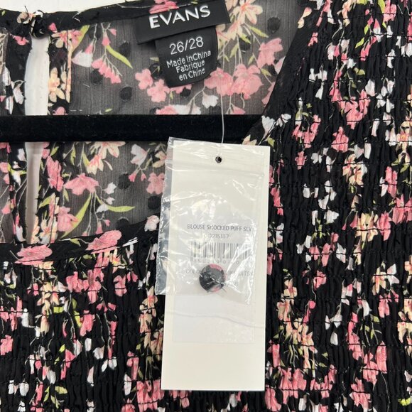 NWT Evans Black Sheer Swiss Dot Floral Balloon Sleeve Blouse 26/28 3X mc - Picture 2 of 5